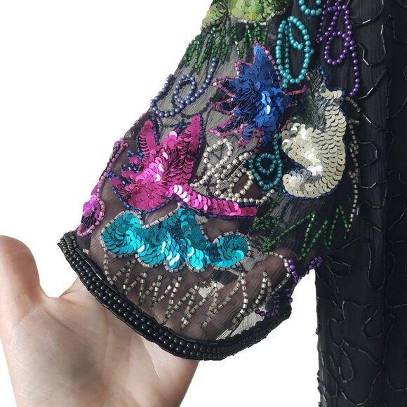 Vintage Sweelo Beaded Sequin Dress 80s Prom Cocktail Black Rainbow Glam Fancy - Picture 6 of 15